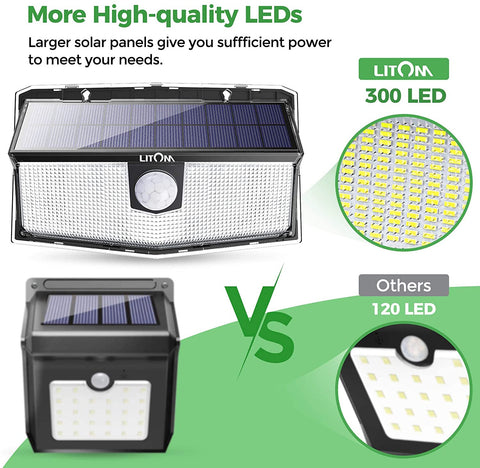 {EU ONLY} LITOM CD217 300 LED Solar Motion Sensor Lights with 3 Lighting Modes, IP67 Waterproof, Wide-angle Design Solar Lights Outdoor for Patio Garden Garage Yard Front Door, 2 Pack