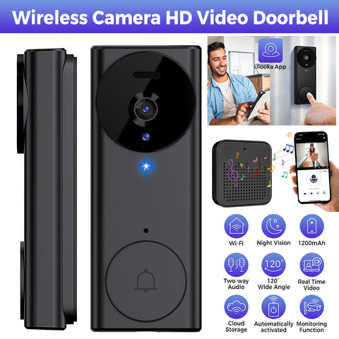 高清智能无线视频门铃摄像头，壁挂式WiFi高清夜视视频门铃，双向音频，120°广角门铃摄像头，无需钻孔，黑色