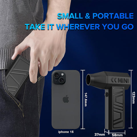 140G强力USB充电吹风机：采用强劲马达，风速达13万转/分，配备4档风力调节与磁性喷嘴。轻巧便携，可清洁设备、生火烧烤、充气及宠物毛发。