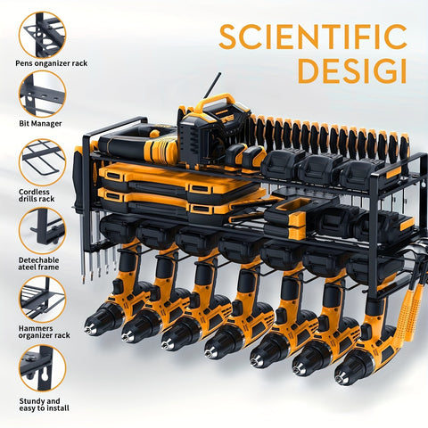 7 钻架 3 层重型壁挂式存储架，电动工具收纳器 - 高效方便的钻孔配件支架