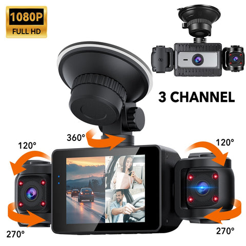 FHD 1080P 三通道行车记录仪，360° 全方位，前后左右多通道，适用于汽车行车记录仪，夜视，三屏合一