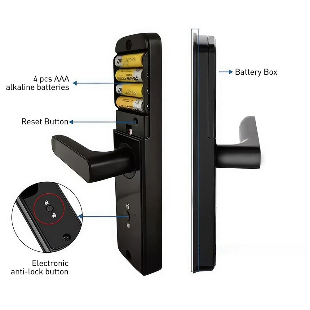 The Tuya smart door lock features a handle, supports remote unlocking, a sensitive touchscreen, and multiple biometric unlocking methods including fingerprint, password, and IC card. It comes with two mechanical keys and two access cards