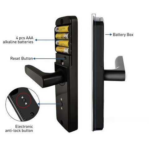 The Tuya smart door lock features a handle, supports remote unlocking, a sensitive touchscreen, and multiple biometric unlocking methods including fingerprint, password, and IC card. It comes with two mechanical keys and two access cards