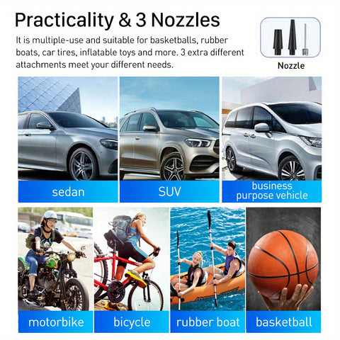 12V便携式车载充气泵，支持指针式或数字显示，高精度自动充气压力150 PSI，配备3个充气嘴，适用于篮球、橡皮艇、汽车轮胎、充气玩具等