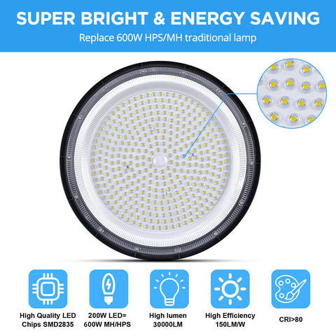 200W UFO LED high bay light, high bay light, 7000K cool white UFO LED workshop light, Industrial light factory, garage, warehouse high bay light