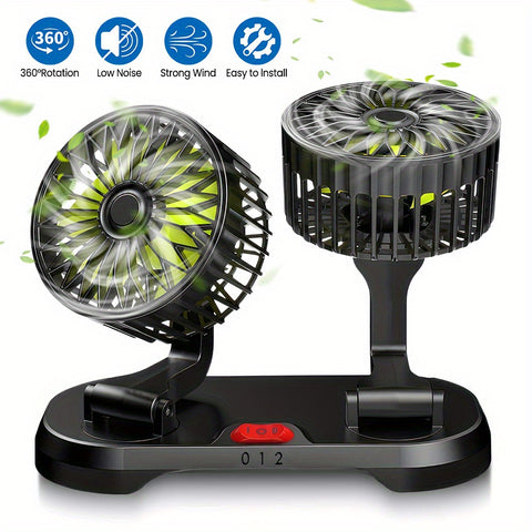 夏日车内救星！双头 USB 车载风扇，强劲降温。风速可调，底座 360°、夹子 90° 旋转，紧凑适配汽车、SUV、卡车，实用便携，舒适度拉满