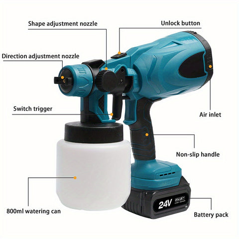 无绳喷漆器，配备 1.8 毫米铜质喷嘴，有效防止堵塞，800 毫升大容量容器和强劲电池，适用于汽车、门、甲板、墙壁、围栏