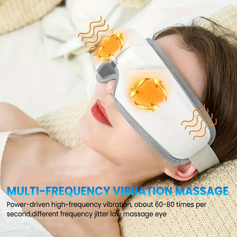 蓝牙音乐眼部按摩仪，具备热敷与振动功能，支持6种按摩模式自由切换。180°折叠设计便携可调节，有效缓解眼干、黑圈与头痛，是送给亲友的贴心圣诞礼物。