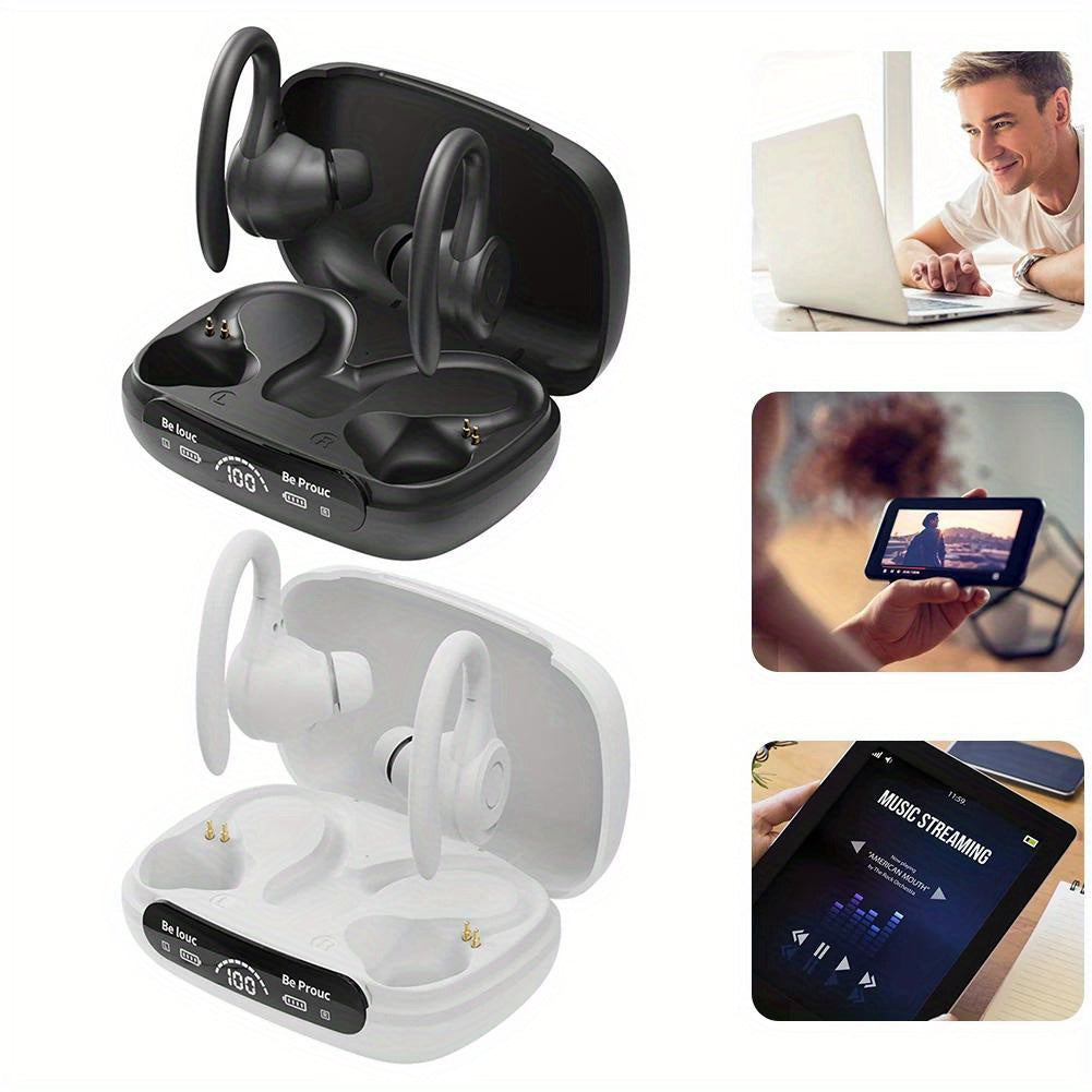 长效无线耳塞 V5. 3 TWS 耳机 160 小时播放时间，带充电盒 LED Diaplay 高保真防汗降噪耳罩式耳勾耳机