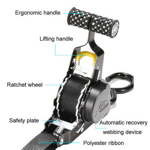 1/2 piece automatic retractable ratchet rope, maximum breaking strength 1500 lbs, with soft handle and S-hook, suitable for cargo transport, motorcycle handling and securing