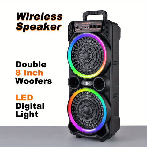 8 英寸 6000 瓦双扬声器，搭配变色 RGB 灯，便携式无线重低音立体声系统，USB Type-C 充电超便捷，含麦克风，户外派对、海滩聚会、卡拉 OK 必备