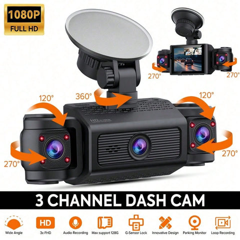 1080P 3 Channel Dash Cam With 2.4. Inch Screen, Inbuilt Privacy Protector And G-Sensor, Support Loop Recording