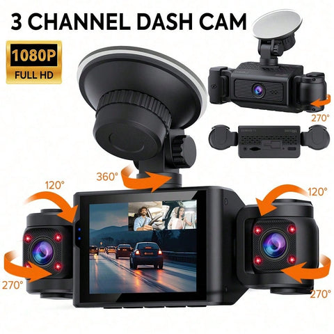 1080P 3 Channel Dash Cam With 2.4. Inch Screen, Inbuilt Privacy Protector And G-Sensor, Support Loop Recording