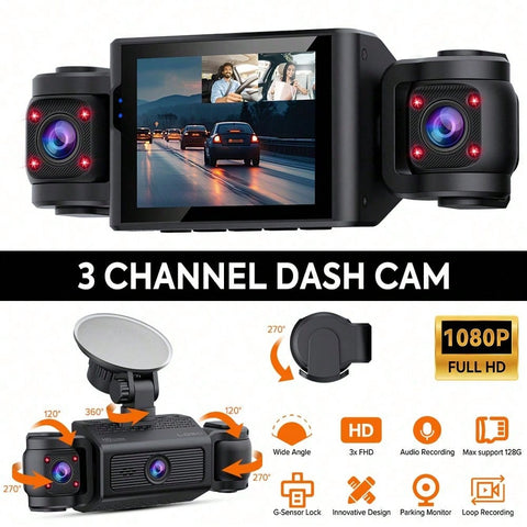 1080P 3 Channel Dash Cam With 2.4. Inch Screen, Inbuilt Privacy Protector And G-Sensor, Support Loop Recording
