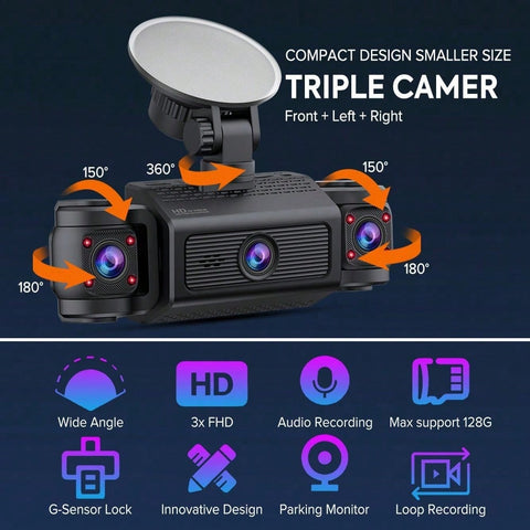 1080P 3 Channel Dash Cam With 2.4. Inch Screen, Inbuilt Privacy Protector And G-Sensor, Support Loop Recording