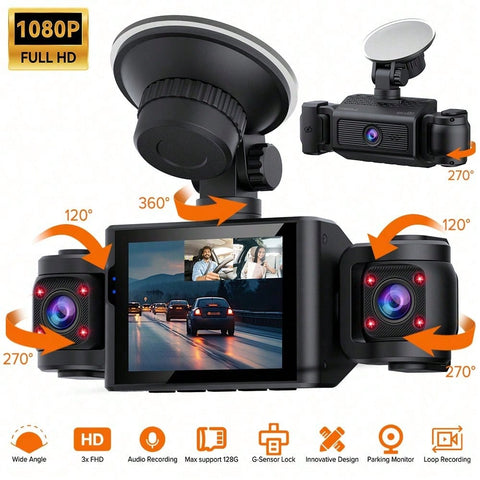1080P 3 Channel Dash Cam With 2.4. Inch Screen, Inbuilt Privacy Protector And G-Sensor, Support Loop Recording