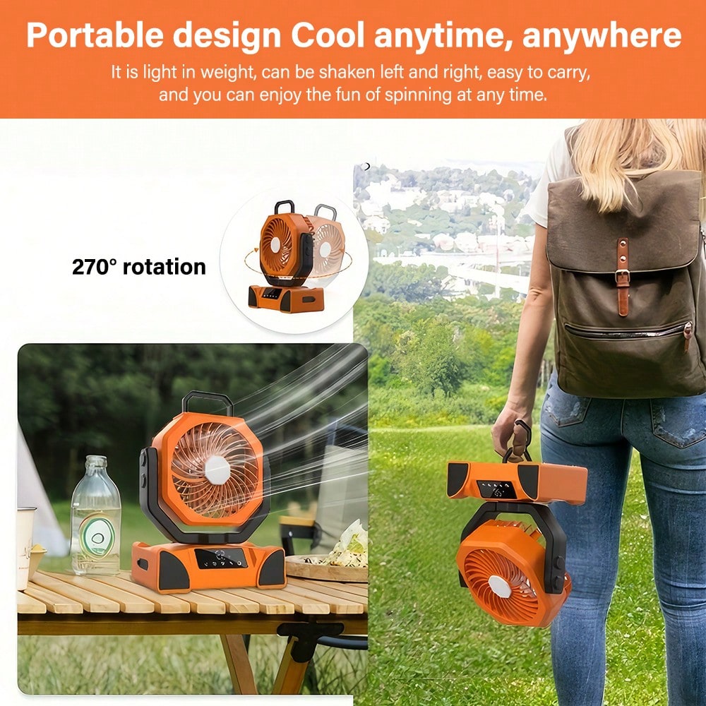 Your Camping Good Partner!10000mAh Portable Camping Fan With Bright LED Light, Support 5 Speeds Wind Adjustment And 270 Degree Rotation Provide You More Cool