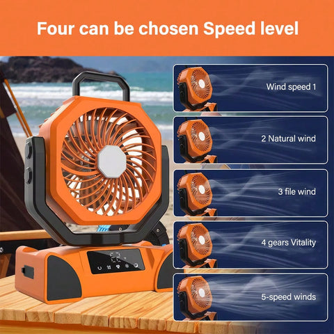 Your Camping Good Partner!10000mAh Portable Camping Fan With Bright LED Light, Support 5 Speeds Wind Adjustment And 270 Degree Rotation Provide You More Cool