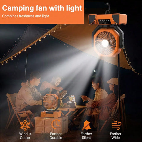 Your Camping Good Partner!10000mAh Portable Camping Fan With Bright LED Light, Support 5 Speeds Wind Adjustment And 270 Degree Rotation Provide You More Cool