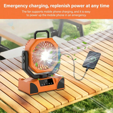 Your Camping Good Partner!10000mAh Portable Camping Fan With Bright LED Light, Support 5 Speeds Wind Adjustment And 270 Degree Rotation Provide You More Cool