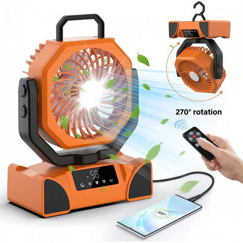 Your Camping Good Partner!10000mAh Portable Camping Fan With Bright LED Light, Support 5 Speeds Wind Adjustment And 270 Degree Rotation Provide You More Cool