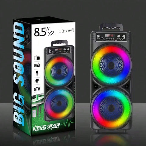 Dual 8.5 Inch Party Speaker Heavy Bass Stereo, Feature Colorful RGB Lights And Wired Mic