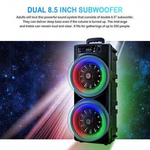 Dual 8.5 Inch Party Speaker Heavy Bass Stereo, Feature Colorful RGB Lights And Wired Mic