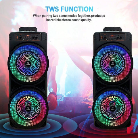 Dual 8.5 Inch Party Speaker Heavy Bass Stereo, Feature Colorful RGB Lights And Wired Mic