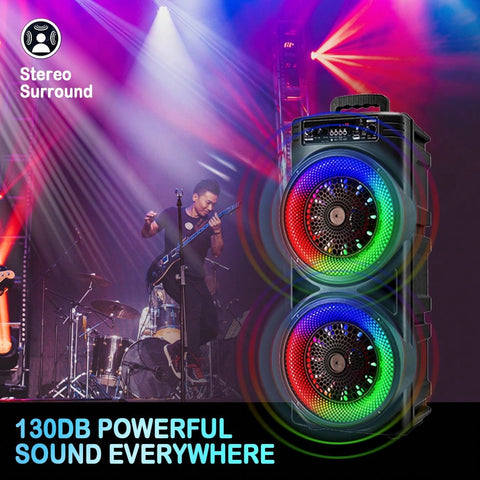 Dual 8.5 Inch Party Speaker Heavy Bass Stereo, Feature Colorful RGB Lights And Wired Mic