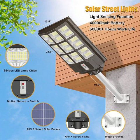 800W/1000W Outdoor Solar Street Light Support IP65 Waterproof And Inbuilt Motion Sensor, Include Remote Control & Arm Bracket, Suitable For Garden Yard Parking Lot