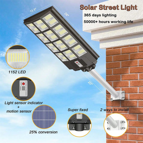 800W/1000W Outdoor Solar Street Light Support IP65 Waterproof And Inbuilt Motion Sensor, Include Remote Control & Arm Bracket, Suitable For Garden Yard Parking Lot