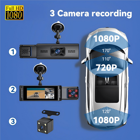 FHD 1080P 3 Channel Dash Cam Inbuilt Night Vision 3.16 Inch Screen Auto Record