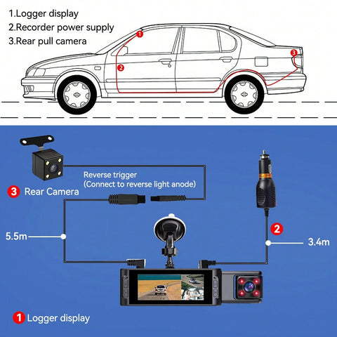 FHD 1080P 3 Channel Dash Cam Inbuilt Night Vision 3.16 Inch Screen Auto Record