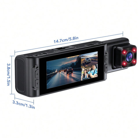 FHD 1080P 3 Channel Dash Cam Inbuilt Night Vision 3.16 Inch Screen Auto Record