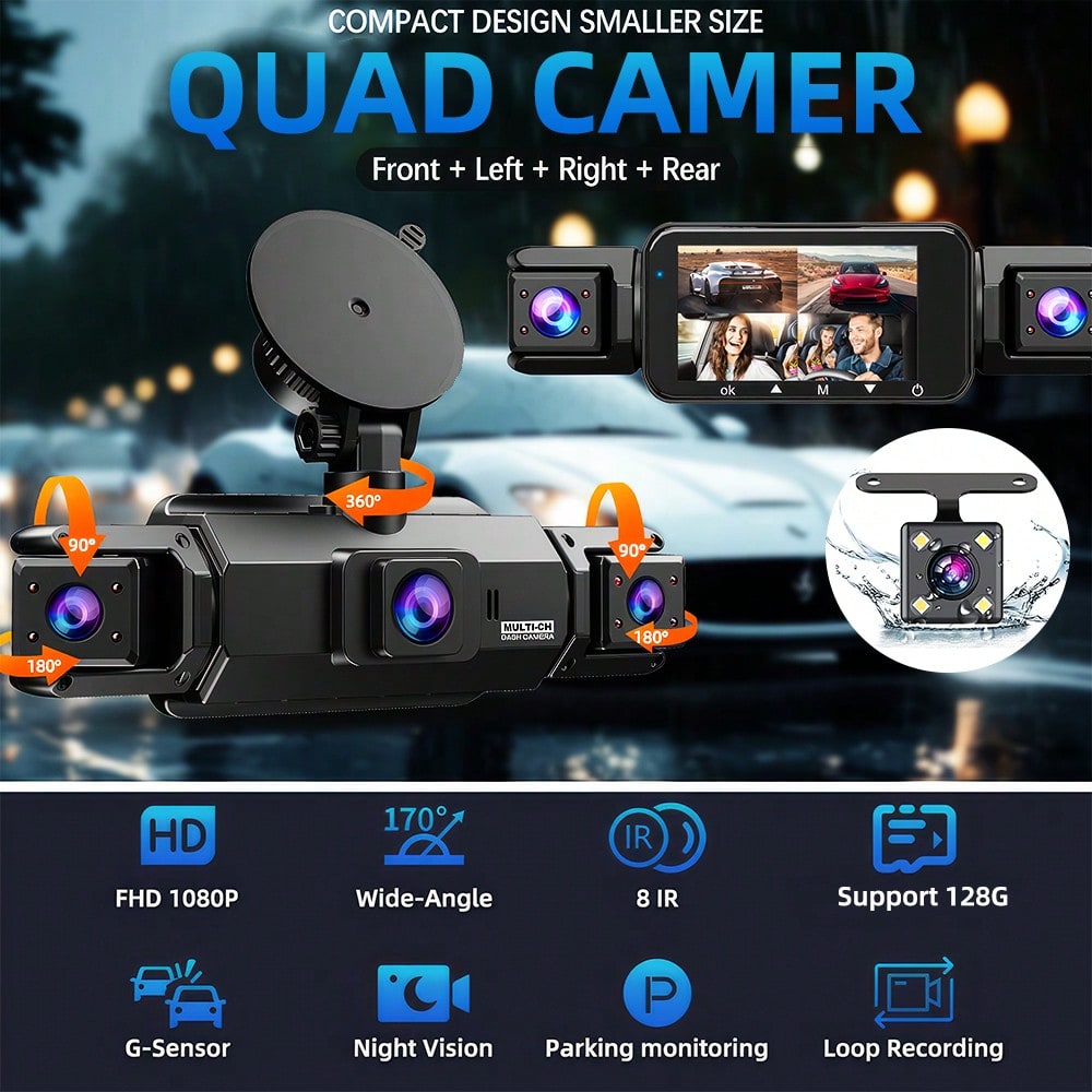 360 Degree Dash Cam 4 Channel Vital Dash Cam 1080P Front And Rear Inside Dash Camera For Cars IR Night Vision Loop Recording 24H Parking Monintor