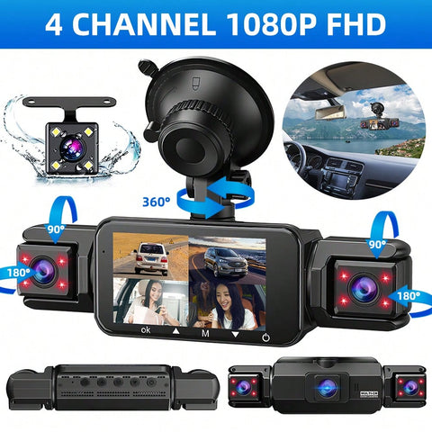 360 Degree Dash Cam 4 Channel Vital Dash Cam 1080P Front And Rear Inside Dash Camera For Cars IR Night Vision Loop Recording 24H Parking Monintor