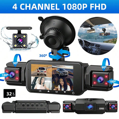 360 Degree Dash Cam 4 Channel Vital Dash Cam 1080P Front And Rear Inside Dash Camera For Cars IR Night Vision Loop Recording 24H Parking Monintor