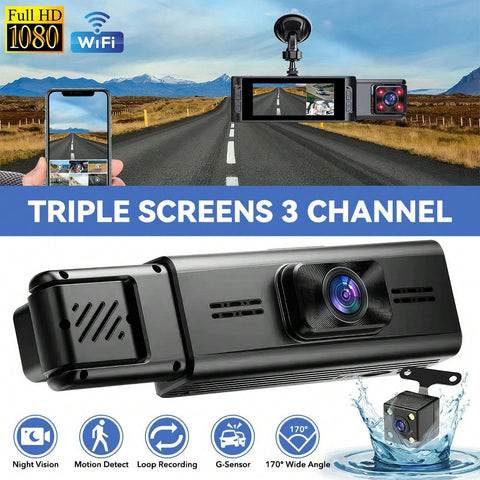 HD 1080P Wifi Triple Screens Dash Cam 3 Channel For Cars Front/Inside/Rear View Camera 3.16 Inch Screen DVR Camera Video Recorder Driving Recorder Loop Recording Night Vision G-Sensor