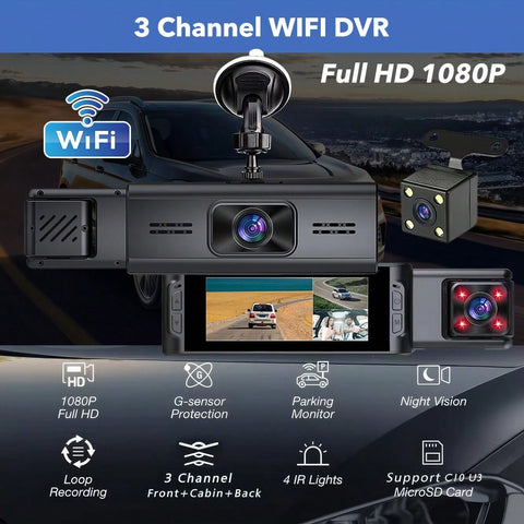 HD 1080P Wifi Triple Screens Dash Cam 3 Channel For Cars Front/Inside/Rear View Camera 3.16 Inch Screen DVR Camera Video Recorder Driving Recorder Loop Recording Night Vision G-Sensor
