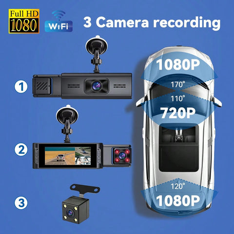 HD 1080P Wifi Triple Screens Dash Cam 3 Channel For Cars Front/Inside/Rear View Camera 3.16 Inch Screen DVR Camera Video Recorder Driving Recorder Loop Recording Night Vision G-Sensor
