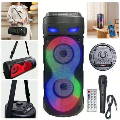 Portable Speaker Sub Woofer Heavy Bass DJ RGB Party Speakers Sound System TWS Karaoke Machine With Mic, Includes An Adjustable Shoulder Strap
