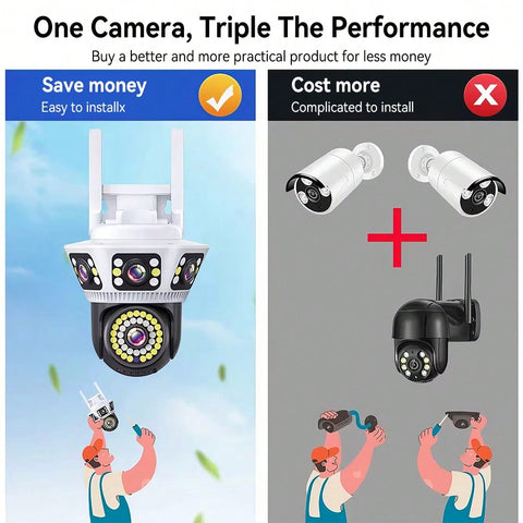 6MP Triple Lens Triple Screen WiFi Security Camera Outdoor Waterproof PTZ Auto Tracking Color Night Vision Surveillance IP Cameras