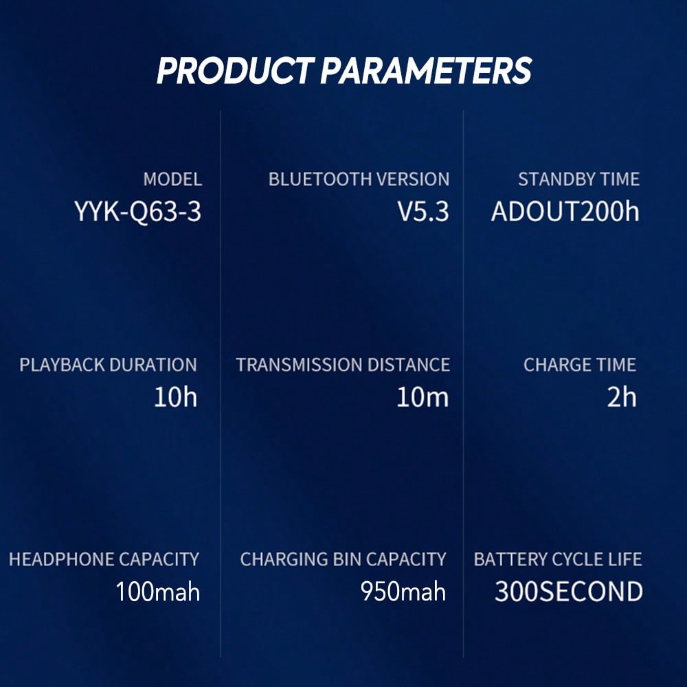 YYK-Q63 TRUE WIRELESS EARBUDS Designed For Sports W/Ear Hook,Bluetooth 5.3 Sport Earbuds