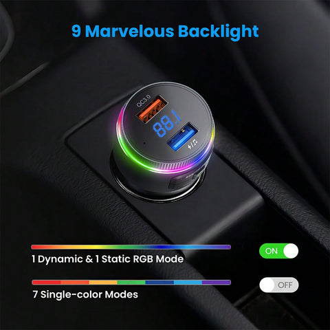 Bluetooth FM Transmitter For Car, Bluetooth Car Adapter, Bluetooth Radio Car, MP3 Player QC3.0 Quick Charge, Hands Free Calling, 2 Playing Modes, Blue Led Display