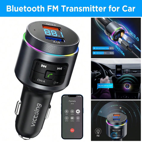 Bluetooth FM Transmitter For Car, Bluetooth Car Adapter, Bluetooth Radio Car, MP3 Player QC3.0 Quick Charge, Hands Free Calling, 2 Playing Modes, Blue Led Display