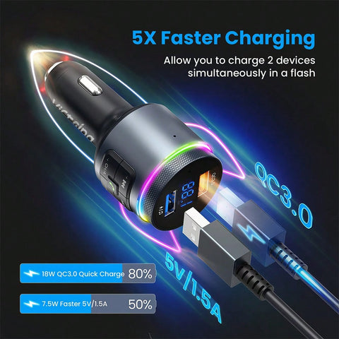 Bluetooth FM Transmitter For Car, Bluetooth Car Adapter, Bluetooth Radio Car, MP3 Player QC3.0 Quick Charge, Hands Free Calling, 2 Playing Modes, Blue Led Display