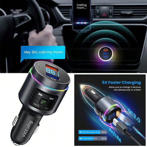 Bluetooth FM Transmitter For Car, Bluetooth Car Adapter, Bluetooth Radio Car, MP3 Player QC3.0 Quick Charge, Hands Free Calling, 2 Playing Modes, Blue Led Display