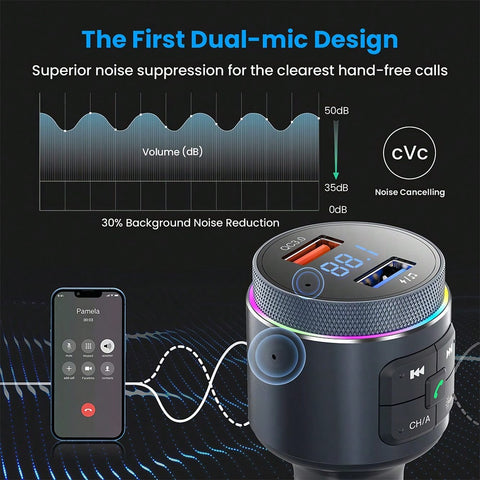 Bluetooth FM Transmitter For Car, Bluetooth Car Adapter, Bluetooth Radio Car, MP3 Player QC3.0 Quick Charge, Hands Free Calling, 2 Playing Modes, Blue Led Display