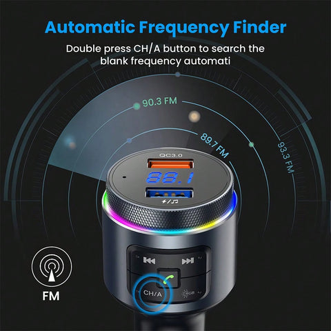 Bluetooth FM Transmitter For Car, Bluetooth Car Adapter, Bluetooth Radio Car, MP3 Player QC3.0 Quick Charge, Hands Free Calling, 2 Playing Modes, Blue Led Display