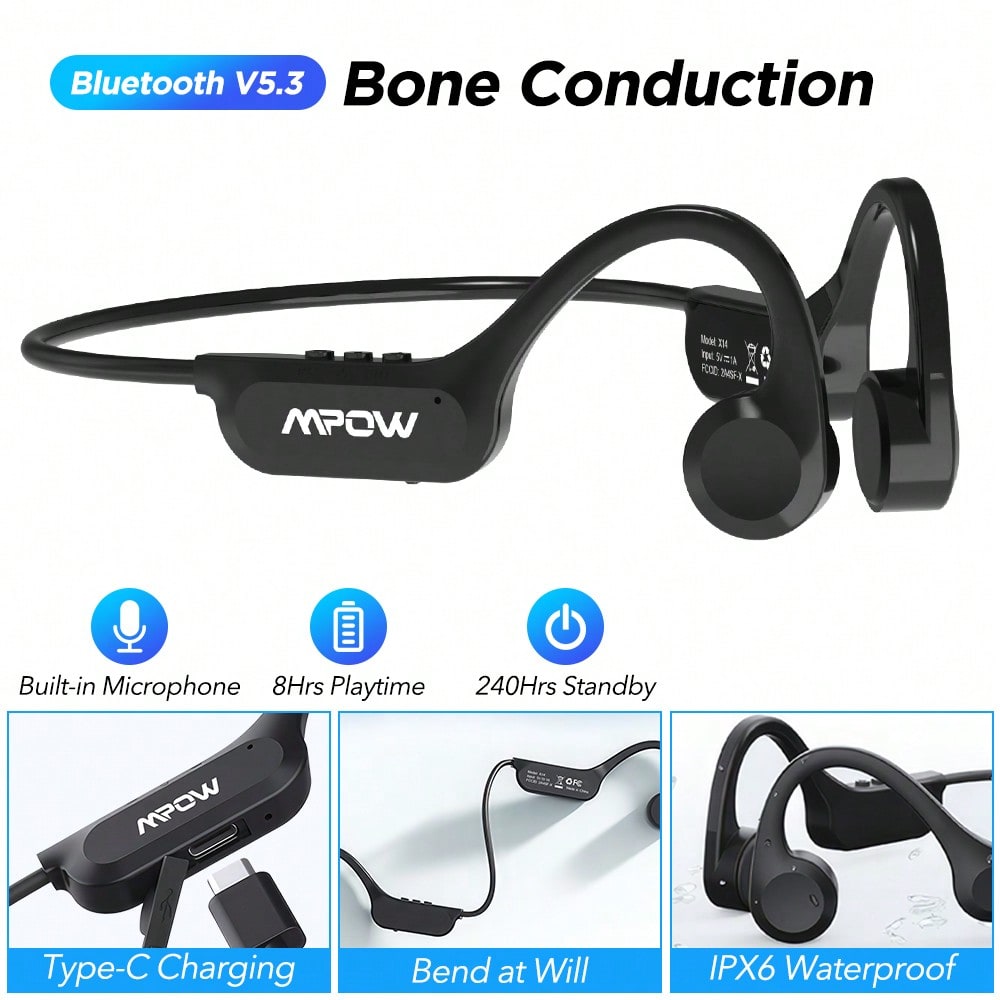 MPOW Bone Conduction Headphones With Mic Open Ear Headphones Bluetooth 5.3 With 8H Playtime IPX6 Waterproof
